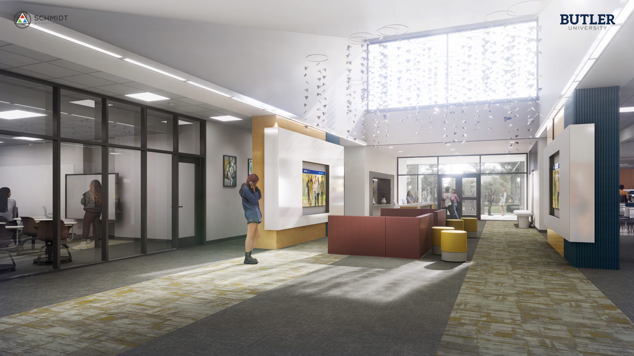 Rendering of the entryway for Founder's College, an update that is part of the Butler Gateway Project