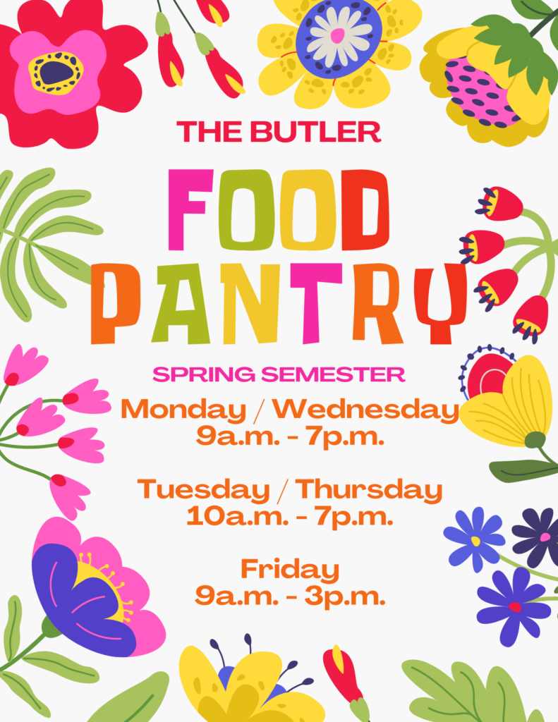 Image: Spring 2025 Food Pantry Hours. Monday and Wednesday 9 am - 7 pm. Tuesday and Thursday 10 am - 7pm. Friday 9 am - 3 pm. 